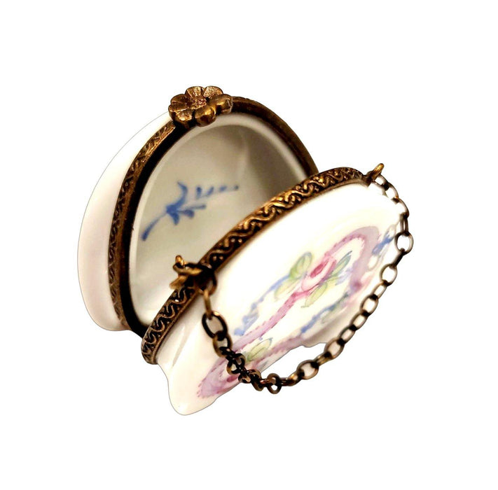 Pink Blue Purse w Roses w Special Antiqued Brass - One of a Kind Hand Painted Limoges Box Porcelain Figurine-purse trinket box limoges-CHPU12