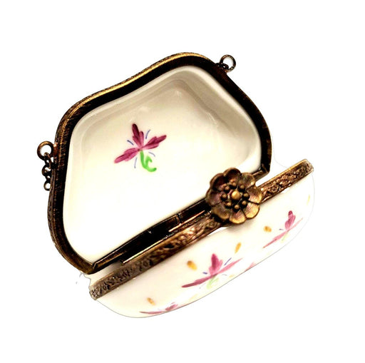 Pink Flowers on White w Special Antiqued Brass - One of a Kind Hand Painted Limoges Box Porcelain Figurine-purse trinket box limoges-CHPU16