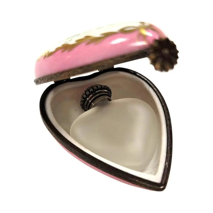 Collectible Pink Heart Perfume Bottle Inside Limoges box with artisan brushwork