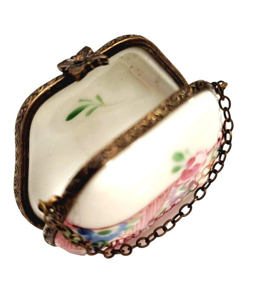 Pink Purse Flowers w Special Antiqued Brass - One of a Kind Hand Painted Limoges Box Porcelain Figurine-purse trinket box limoges-CHPU3