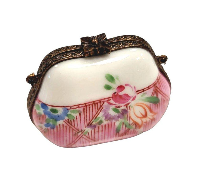Pink Purse Flowers w Special Antiqued Brass - One of a Kind Hand Painted Limoges Box Porcelain Figurine-purse trinket box limoges-CHPU3