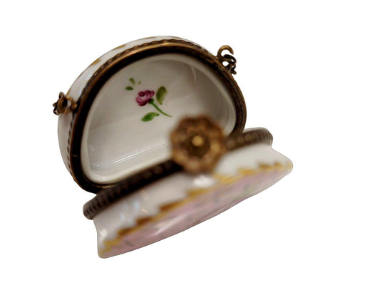 Pink w Blue Gold Purse Roses w Special Antiqued Brass - One of a Kind Hand Painted Limoges Box Porcelain Figurine-purse trinket box limoges-CHPU14