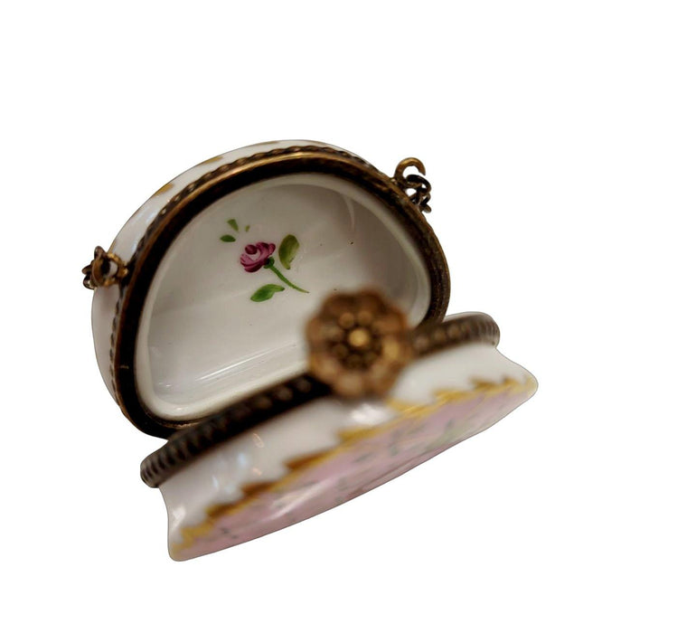 Pink w Blue Gold Purse Roses w Special Antiqued Brass - One of a Kind Hand Painted Limoges Box Porcelain Figurine-purse trinket box limoges-CHPU14