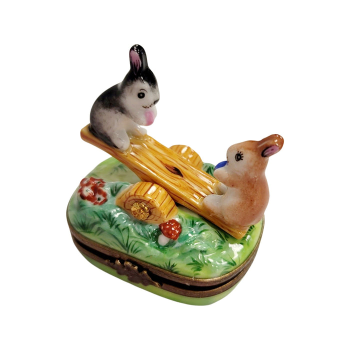 Playful Rabbit See-Saw Delight for Animal Lovers Porcelain Limoges rabbit mice mouse French Trinket Box