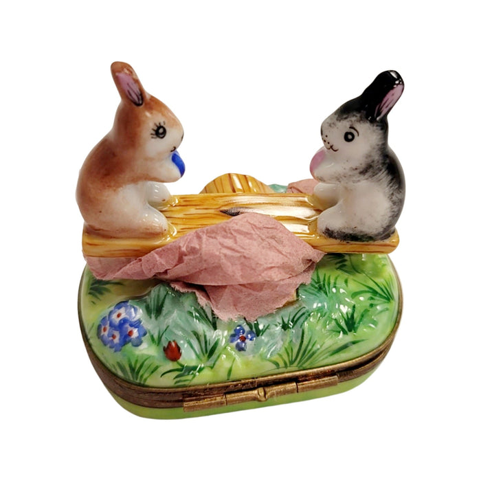 Playful Rabbit See-Saw Delight for Animal Lovers Porcelain Limoges rabbit mice mouse French Trinket Box