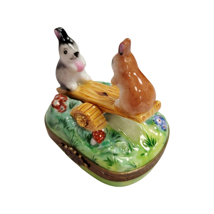 Playful Rabbit See-Saw Delight for Animal Lovers Porcelain Limoges rabbit mice mouse French Trinket Box