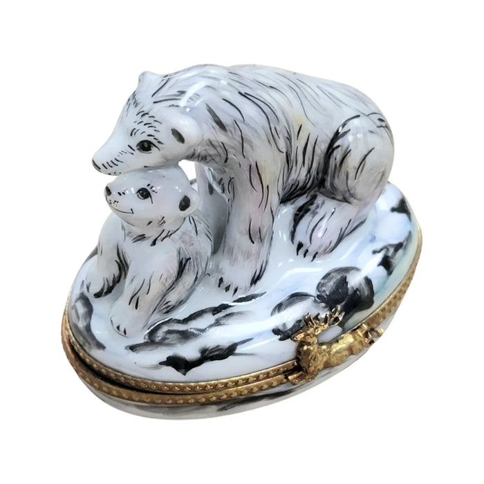 Polar Bear and Cub Elegance for Collectors Porcelain Limoges bear wild animal French Trinket Box