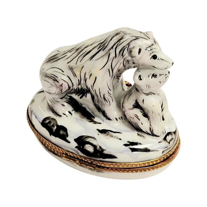 Polar Bear and Cub Elegance for Collectors Porcelain Limoges bear wild animal French Trinket Box