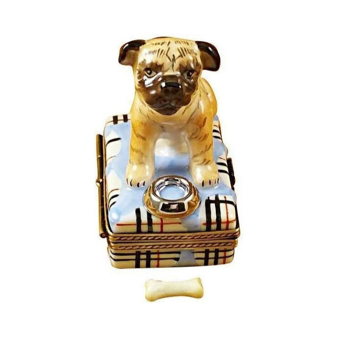 Genuine Rochard Pug with Spilt Water & Removable Bone Limoges box painted by hand in France, from Limoges Boutique