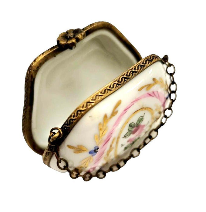 Purse Gold Pink Flowers w Special Antiqued Brass - One of a Kind Hand Painted Limoges Box Porcelain Figurine-purse trinket box limoges-CHPU32