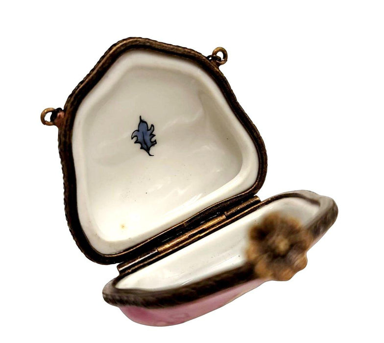 Purse Hot Pink Dec Flower w Special Antiqued Brass - One of a Kind Hand Painted Limoges Box Porcelain Figurine-purse trinket box limoges-CHPU25