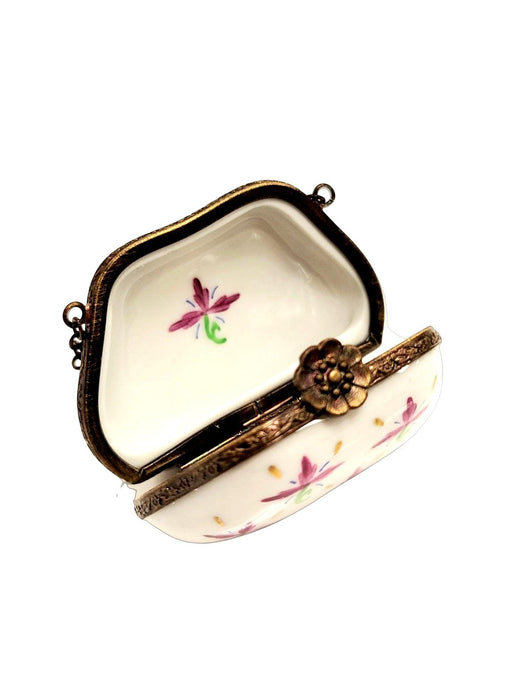 Purse Purple Green Flowers w Special Antiqued Brass - One of a Kind Hand Painted Limoges Box Porcelain Figurine-purse trinket box limoges-CHPU31