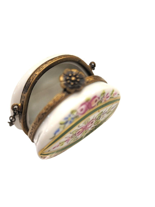 Purse w Flowers and Green Line Antiqued Brass - One of a Kind Hand Painted Limoges Box Porcelain Figurine-purse trinket box-CHPU36