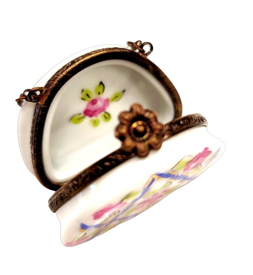 Purse w Roses and Blue w Special Antiqued Brass - One of a Kind Hand Painted Limoges Box Porcelain Figurine-purse trinket box-CHPU9