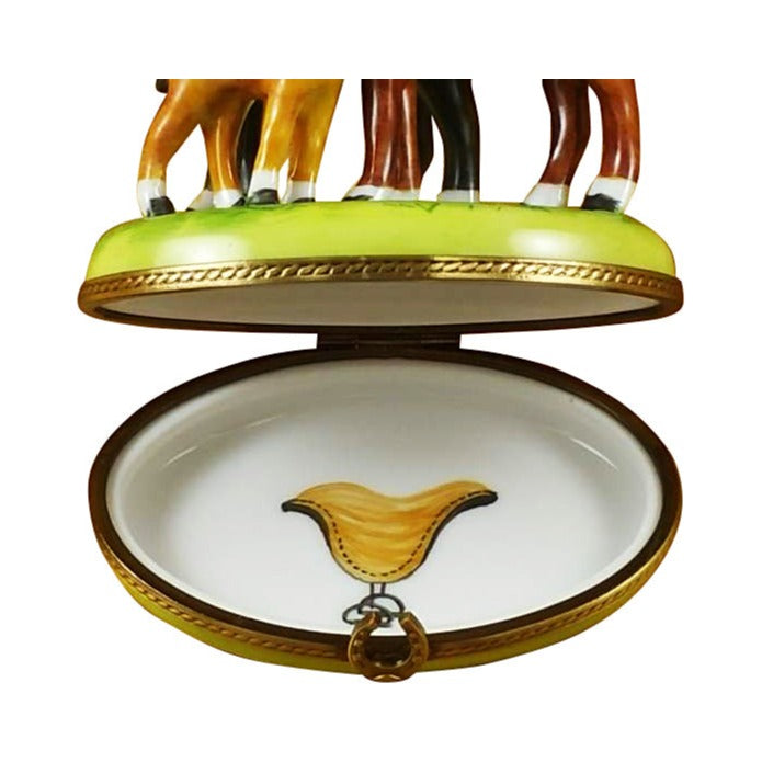 Three Horses for Equestrian Limoges box opened to show the inside, a keepsake to tuck a treasure in