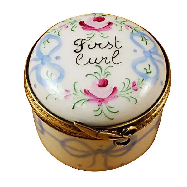 Round Blue First Curl Limoges Box Baby Keepsake Gift Authentic Limoges Box