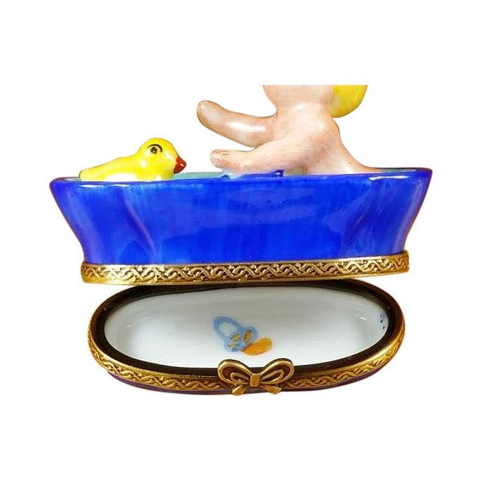 Baby in Tub for New Parents Limoges box opened to show the inside, a keepsake to tuck a treasure in