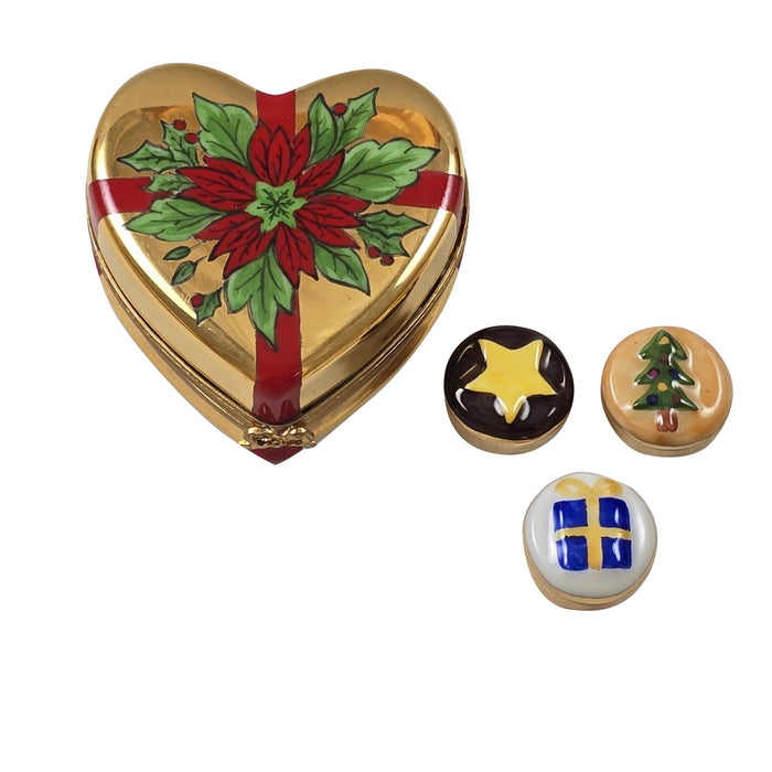 Gold Poinsettia Heart Box for Holiday Gifting Porcelain Limoges xmas theme heart French Trinket Box
