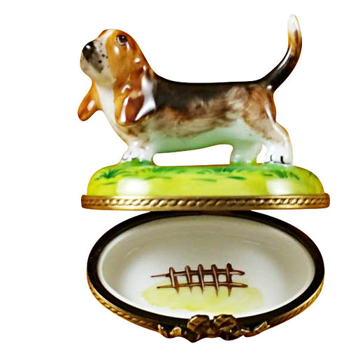 Bassett Hound Limoges box opened to show the inside, a keepsake to tuck a treasure in