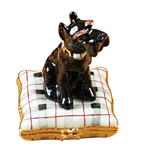 Genuine Rochard Schnauzer on Plaid Pillow Limoges box painted by hand in France, from Limoges Boutique