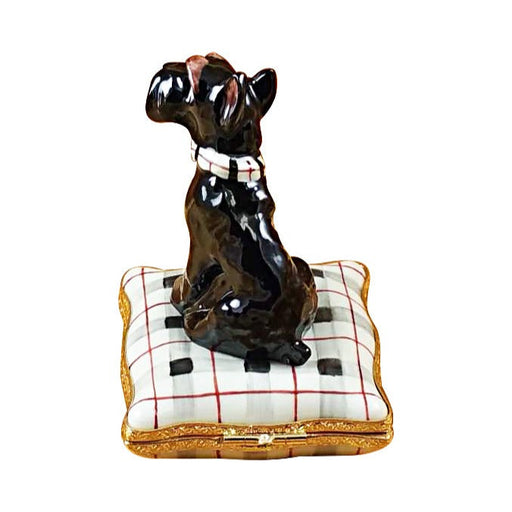 Reverse of the Schnauzer on Plaid Pillow Limoges box, painted all the way around