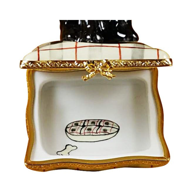 Schnauzer on Plaid Pillow Limoges box opened to show the inside, a keepsake to tuck a treasure in