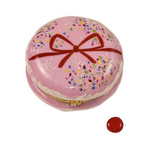 PINK MACARON WITH SPRIKLES & RED BOW WITH REMOVABLE RED MACARON Authentic Limoges Box