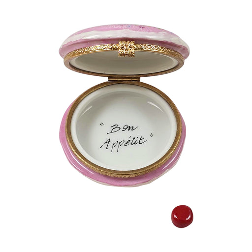 PINK MACARON WITH SPRIKLES & RED BOW WITH REMOVABLE RED MACARON Authentic Limoges Box