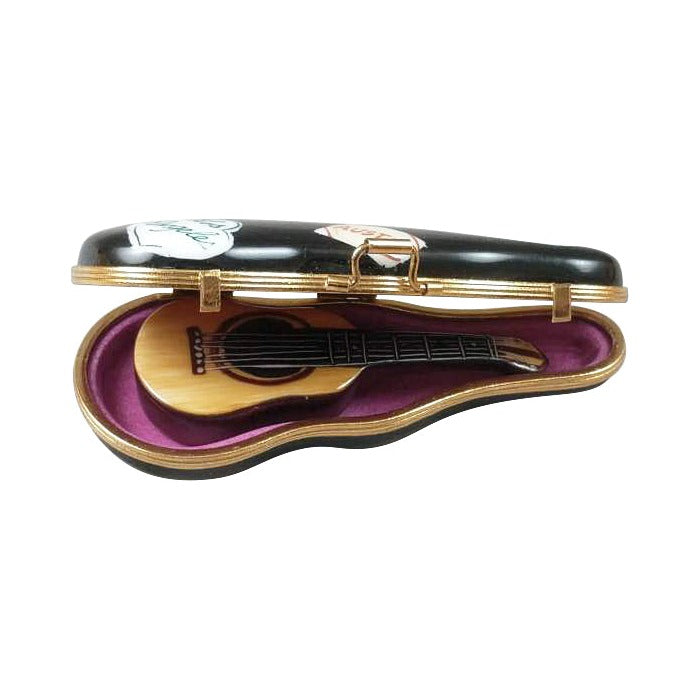 Acoustic Guitar Limoges box opened to show the inside, a keepsake to tuck a treasure in