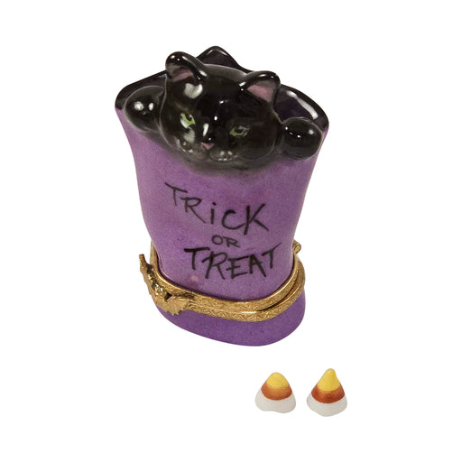 CAT IN TRICK OR TREAT BAG WITH REMOVABLE CANDY CORN Authentic Limoges Box