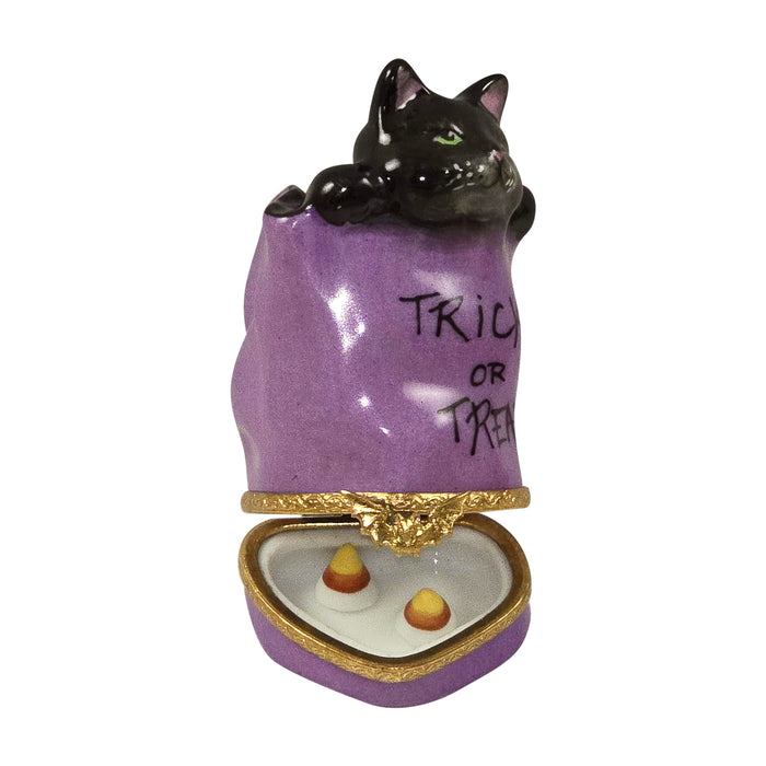 CAT IN TRICK OR TREAT BAG WITH REMOVABLE CANDY CORN Authentic Limoges Box
