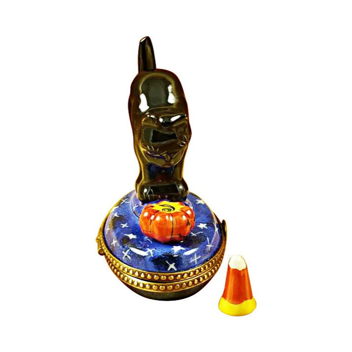 Profile of the Black Cat Looking at Pumpkin with Candy Corn Limoges box, showing its hand-painted detail