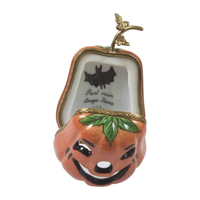 Jack-O-Lantern Pumpkin w Bat Trinket for Halloween Enthusiasts Authentic Limoges Box