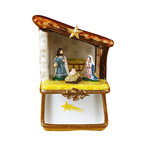 Small Nativity for Christmas Limoges box opened to show the inside, a keepsake to tuck a treasure in