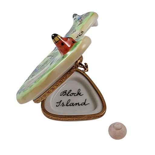Looking inside the Block Island Limoges box, with its hinged lid open