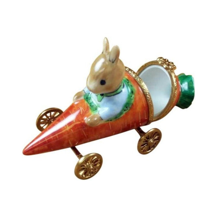 Fine French craftsmanship on the Rabbit in Carrot Car Limoges box, painted by hand