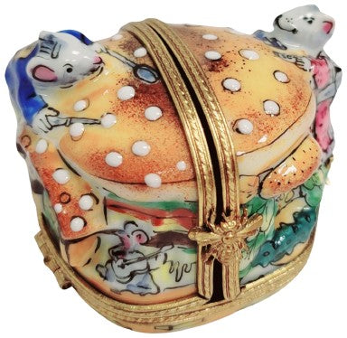 Hinged Mice Cheeseburger Box for Collectors Porcelain Limoges Mouse Food French Trinket Box