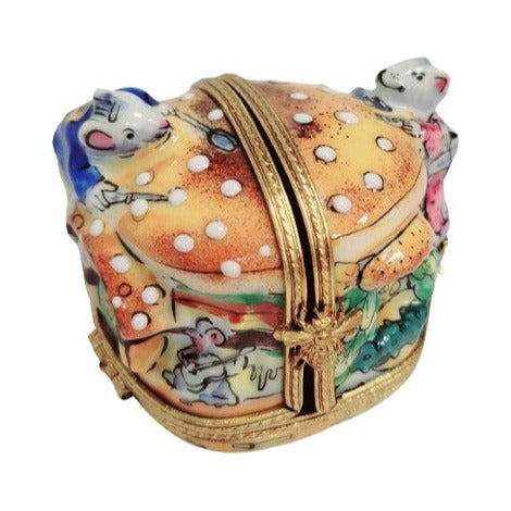 Genuine 3 Hinged Mice House Eating Cheeseburger Limoges box painted by hand in France, from Limoges Boutique