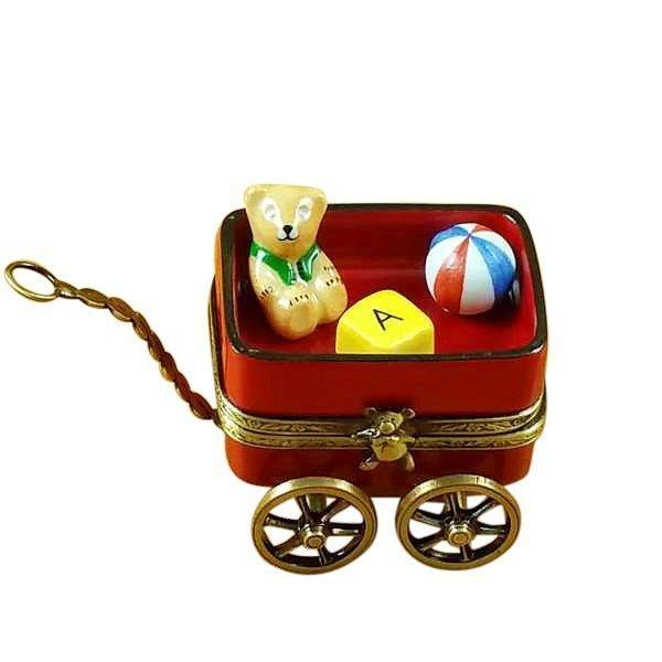 Red Wagon Teddy Bear Keepsake Porcelain Limoges Teddy French Trinket Box