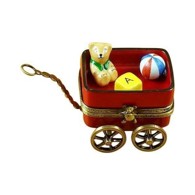 Genuine Rochard Red Wagon with Teddy Bear Limoges box painted by hand in France, from Limoges Boutique