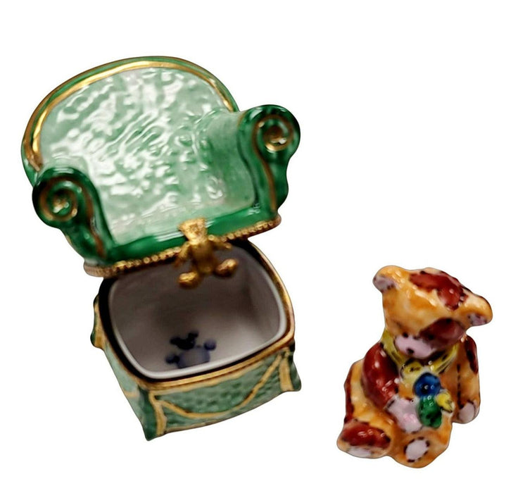 Removable Teddy Bear in Green Chair Limoges Box Porcelain Figurine-Teddy-CH3S185A