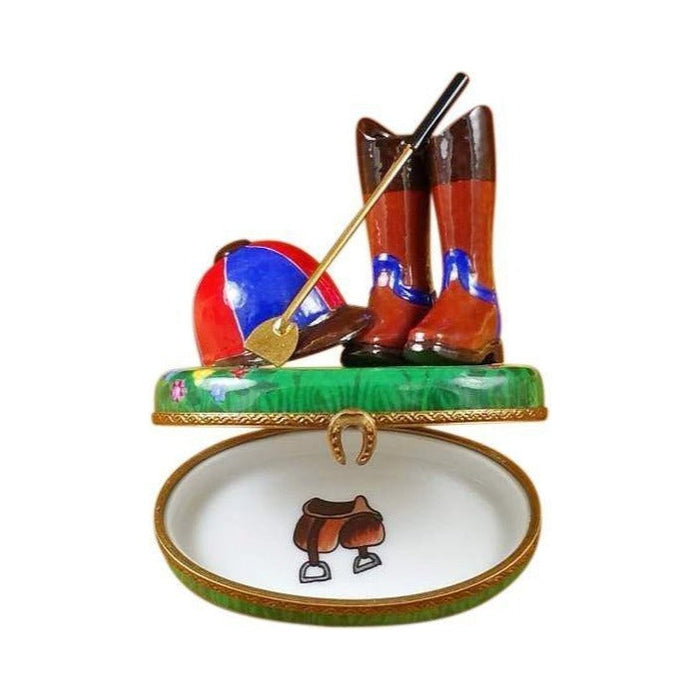 Artisan-painted Riding Set with Hat, Stick & Boots Limoges box from France, a cherished collectible