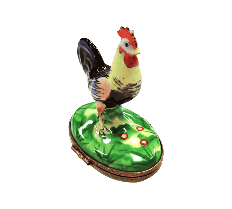 Rooster on Green Base-birds LIMOGES BOXES farm-CH1R329