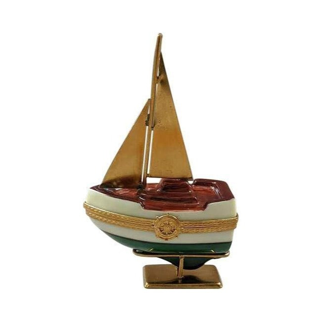 The painter's artistry shows on this Sailboat with Brass Sails, Stand & Anchor Limoges box