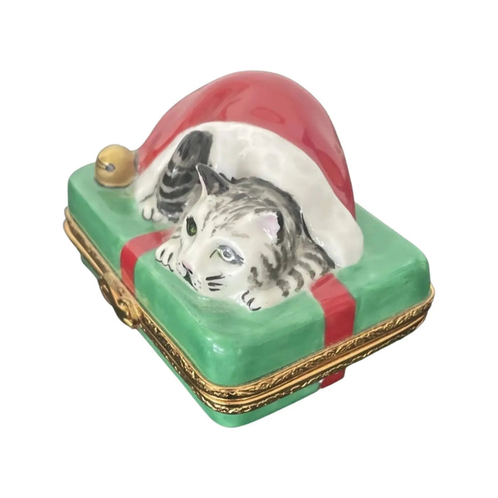 Santa Cat Limoges Box for Cat Lovers Porcelain Limoges xmas theme santa claus cat French Trinket Box