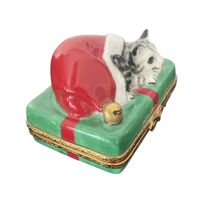 Santa Cat Limoges Box for Cat Lovers Porcelain Limoges xmas theme santa claus cat French Trinket Box