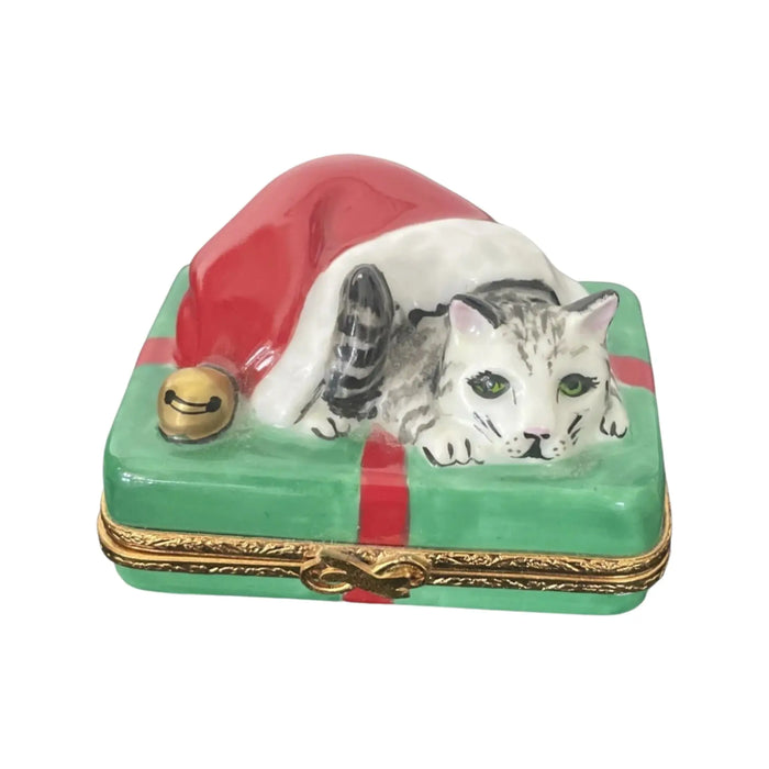 Santa Cat Limoges Box for Cat Lovers Porcelain Limoges xmas theme santa claus cat French Trinket Box