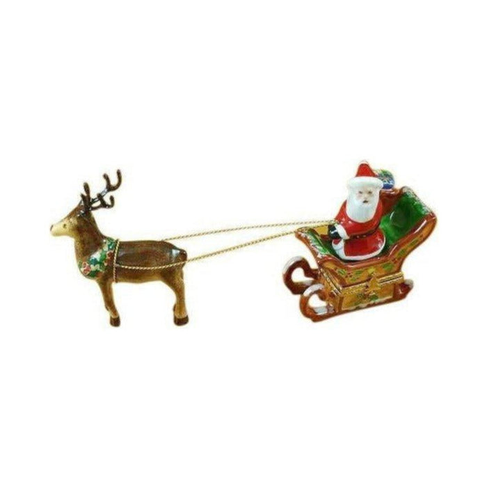 Limoges Boutique presents the Rochard Santa in Sleigh with Rein-Deer Holiday, a genuine Limoges box painted by hand in France