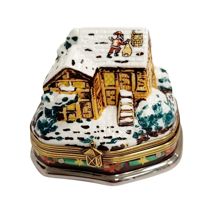 Santa On Cottage Roof for Holiday Cheer Porcelain Limoges santa christmas French Trinket Box