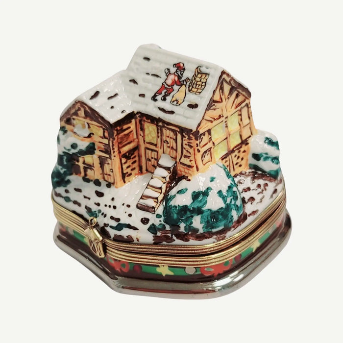 Santa On Cottage Roof for Holiday Cheer Porcelain Limoges santa christmas French Trinket Box